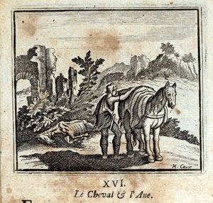 घोड़ा और गधा। जीन डे ला फोंटेन द्वारा दंतकथाएं (1621-95)। फ्रांकोइस चौवेउ (1613-1676) द्वारा चित्रण। 1728 का संस्करण। द्वारा फ्रेंकोइस चौवेउ