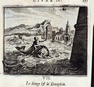 द मंकी एंड द डूफिन। जीन डे ला फोंटेन (1621-95) द्वारा दंतकथाएं। फ्रेंकोइस चौवेउ (1613-1676) द्वारा चित्रण। 1728 का संस्करण। द्वारा फ्रेंकोइस चौवेउ