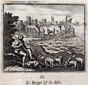 चरवाहा और समुद्र। जीन डे ला फोंटेन द्वारा दंतकथाएं (1621-95)। फ्रांकोइस चौवेउ (1613-1676) द्वारा चित्रण। 1728 का संस्करण। द्वारा फ्रेंकोइस चौवेउ