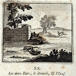 दो चूहे, लोमड़ी और अंडा। जीन डे ला फोंटेन द्वारा दंतकथाएं (1621-95)। फ्रांकोइस चौवेउ (1613-1676) द्वारा चित्रण। 1728 का संस्करण।