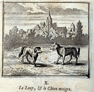 भेड़िया और दुबला कुत्ता। जीन डे ला फोंटेन द्वारा दंतकथाएं (1621-95)। फ्रांकोइस चौवेउ (1613-1676) द्वारा चित्रण। 1728 का संस्करण।