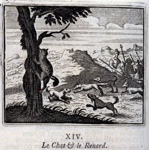 बिल्ली और लोमड़ी। जीन डे ला फोंटेन द्वारा दंतकथाएं (1621-95)। फ्रांकोइस चौवेउ (1613-1676) द्वारा चित्रण। 1728 का संस्करण।