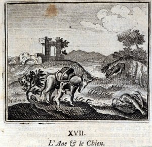 गधा और कुत्ता। जीन डे ला फोंटेन द्वारा दंतकथाएं (1621-95)। फ्रांकोइस चौवेउ (1613-1676) द्वारा चित्रण। 1728 का संस्करण।