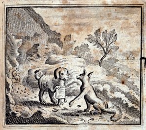 बीमार शेर और लोमड़ी। जीन डे ला फोंटेन द्वारा दंतकथाएं (1621-95)। फ्रांकोइस चौवेउ (1613-1676) द्वारा चित्रण। 1728 का संस्करण।