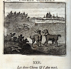 दो कुत्ते और मृत गधा। जीन डे ला फोंटेन द्वारा दंतकथाएं (1621-95)। फ्रांकोइस चौवेउ (1613-1676) द्वारा चित्रण। 1728 का संस्करण। द्वारा फ्रेंकोइस चौवेउ