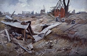 सोम्मे की पहली लड़ाई, जून - सितंबर 1916: डोम्पियरे के बर्बाद गांव में फ्रांसीसी सैनिक द्वारा फ़्राँस्वा फ्लेमेंग