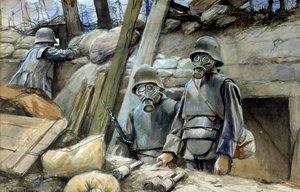 प्रथम विश्व युद्ध: "" ट्रेंच कवच और गैस मास्क के साथ जर्मन सैनिक, अगस्त 1917 "" फ्रेंकोइस फ्लेमेंग (1856-1923) सन द्वारा वाटर कलर पेंटिंग। 0,3x0,48 मीटर पेरिस, मुसी डे ल'आर्मी - प्रथम विश्व युद्ध: "" जर्मन सैनिक ट्रेंच कवच