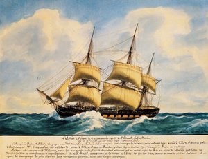 ल'एस्ट्री, 1786 और 1790 के बीच ईस्ट इंडीज मार्ग पर इस्तेमाल किया जाने वाला फ्रेंच फ्रिगेट, सीए 1825, फ्रेंकोइस रॉक्स (1811-1882), वॉटरकलर