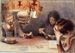 ए गेम ऑफ कार्ड्स, 'एल'एस्टाम्पे मॉडर्न' से, पेरिस 1897-99 (कलर लिथो) प्रकाशित हुआ द्वारा फ्रेंकोइस जोसेफ गुइगुएट