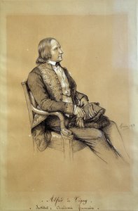 अल्फ्रेड डी विग्नी (1797 - 1863) का पोर्ट्रेट, फ्रांसीसी लेखक, नाटककार और कवि। फ्रेंकोइस जोसेफ हेम द्वारा ड्राइंग (1787-1865) द्वारा फ्रांकोइस जोसेफ हेइम