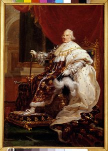 पोर्ट्रेट एन पाइड डे लुई XVIII (1755-1824) एन कॉस्ट्यूम डे कोर्रे फ्रेंकोइस जेरार्ड (1770-1837) 1814 सन द्वारा पेंटिंग। 0,32 x 0,23 मीटर - राज्याभिषेक वस्त्र में लुई XVIII (1755-1824) का पूर्ण-लंबाई वाला चित्र। फ्रेंकोइस जेरार्ड द्वारा पेंटिंग (1770-1837) द्वारा Baron François Pascal Simon Gérard