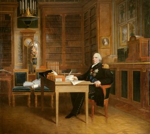 लुई XVIII (1755-1824) के पोर्ट्रेट का ट्यूलरीज में उनका कार्यालय है, जो मार्गेन के बाद फ्रेंकोइस जेरार्ड (1770-1837) द्वारा चार्टर पेंटिंग पर ध्यान लगा रहा है। 19 वीं सदी। मंद। 2,7x3,1 मी. - लुई XVIII (१७५५-१८२४) का पोर्ट्रेट, यहां बैठे चार्टर पर ध्यान करत द्वारा बैरन फ्रांस्वा पास्कल साइमन जेरार्ड