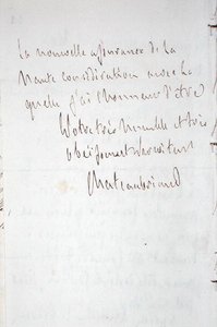 लेखक के हस्ताक्षर के साथ पत्र, फ्रैंकफर्ट में बर्लिन में चेटौब्रिआंड के नए पद के लिए मंत्री के रूप में लिखा गया, 7 जनवरी 1821 (कागज पर कलम और स्याही) द्वारा फ्रेंकोइस रेने वेकोमटे डे चेटेउब्रिएंड