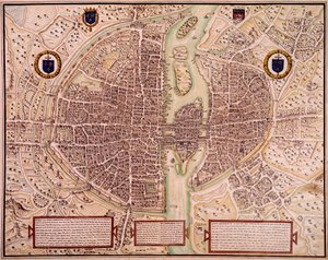 1540-1555 में पेरिस शहर के मानचित्र ने टेपेस्ट्री के बारे में कहा। फ्रेंकोइस रोजर डी गैग्निएरेस (1642-1715) द्वारा उत्कीर्णन। पेरिस, बीएन