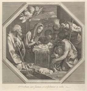 चरवाहों की आराधना जो शिशु मसीह के ठीक सामने एक साथ घुटने टेकते हैं..., ca. 1655-93। द्वारा फ्रांकोइस डे पोली