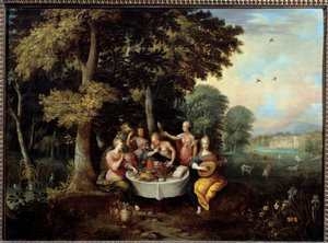 भोज (स्वाद), संगीत (सुन), दर्पण (दृश्य), फूलों का गुलदस्ता (गंध) और दुलार (स्पर्श) के साथ एक परिदृश्य में पांच इंद्रियां युवा महिलाएं। फ्रांज (फ्रांस) फ्रेंकेन II ले ज्यून (१५८१-१६४२) (इ.फ्लैम।) १७वीं सदी के सूर्य की पेंटिंग 0,65x0,9 मीटर टूलूज़, म्यूसी