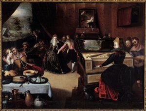 फ्रान्स (फ्रेंकोइस (फ्रांज) पौरबस ल'ऐन (1545-1581) (ई.फ्लैम।) द्वारा 16 वीं शताब्दी के निम्स म्यूसी डेस बीक्स आर्ट्स द्वारा द प्रोडिगल चाइल्ड इन कोर्टेसन पेंटिंग द्वारा फ्राँस आई पूराबस