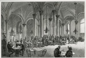 वियना (ऑस्ट्रिया) में केंद्रीय कैफे। 1881 में, एडौर्ड चार्टन (1807-1890) के निर्देशन में, टूर डू मोंडे में प्रकाशित, एम. न्यूलिंस्की द्वारा, वियना और उसके उपनगरों की कहानी को चित्रित करने के लिए कोलार्ज़ द्वारा उत्कीर्णन द्वारा फ्रांज (बाद में) कोल्ज़