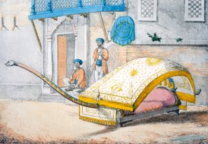 &39;द मैनर्स, कस्टम्स एंड ड्रेसेस ऑफ द हिंदुस&39;, 1799 (रंगीन नक़्क़ाशी) से डी&39;जेहलेदार, या अतिरिक्त-लंबे मोर्चे के साथ कैनोपीड बेड कनवास द्वारा फ्रांज बल्थजार सोल्विनस