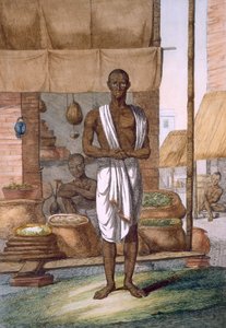 &39;द हिंदू, या उनके मैनर्स, कॉस्टयूम और सेरेमनीज का विवरण&39;, ग ..1808-12 (रंगीन नक़्क़ाशी) से बोरियों में अपनी दुकान के बाहर किराने का सामान द्वारा फ्रांज बल्थजार सोल्विनस