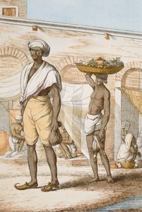 हिंदू वैलेट या भोजन के खरीदार, &39;द हिंदू, या उनके मैनर्स, वेशभूषा और समारोहों का विवरण&39; से, c.1808-12 (रंगीन नक़्क़ाशी) द्वारा फ्रांज बल्थजार सोल्विनस