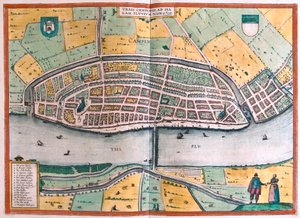 कम्पेन और नदी IJssel या Yssel, नीदरलैंड्स (उत्कीर्णन द्वारा फ्रांज होजेनबर्ग