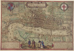 लंदन की योजना &39;Civitates Orbis Terrarum&39; से, खंड। 1, 1572 (कागज पर रंगीन नक्काशी) द्वारा फ्रांज होजेनबर्ग