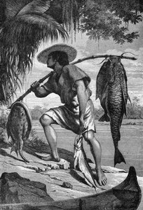 एज़ क्लॉस, 1874 द्वारा उत्कीर्ण फ्रेज़र केलर द्वारा द अमेजॉन और मेडिरा नदियों से मछली पकड़ने से लौटने वाले हमारे मोजो भारतीयों में से एक द्वारा फ्रांज केलर