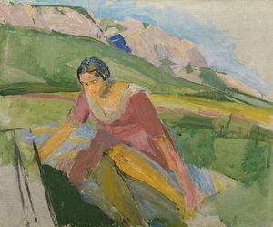 लैंडस्केप (कैरिन्थिया) में युवा महिला, c.1930-38 (कैनवास पर तेल)