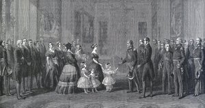 इंग्लैंड की रानी विक्टोरिया (1819-1901) ने 8 अक्टूबर, 1844 को विंडसर के महल में फ्रांस के राजा लुइस-फिलिप आईर (लुई फिलिप डी'ऑरलियन्स, 1773-1850) को प्राप्त किया। विंटरहेल्टर द्वारा एक पेंटिंग के बाद उत्कीर्णन