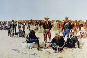 ए कैवेलरीमैन्स ब्रेकफास्ट ऑन द प्लेन्स, फ्रॉम ए ऑइल पेंटिंग c.1890 (कलर लिथो)