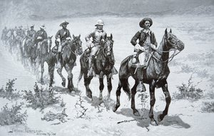 अमेरिका के 'बफ़ेलो सोल्जर्स' रेगिस्तान में मार्च करते हुए, 1888 के एक चित्र से (उत्कीर्णन)