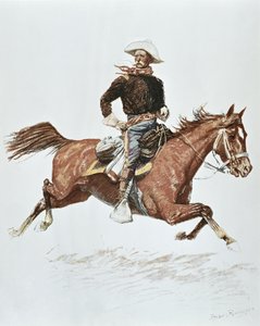 1870 के दशक की अभियान पोशाक में यूएस कैवेलरी ऑफिसर (कलर लिथो)