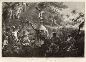 अब्द एस समते, मोम्बुतस के राजा, मौंजा के दोस्त और लेफ्टिनेंट, अपने दुश्मनों को ज़ांडेस (या नियाम नियाम) को चुनौती देते हैं, जिन्होंने उन्हें युद्ध की घोषणा की, लैगुइलेर्मी के चित्र के बाद उत्कीर्णन, 1868 में अफ्रीका के दिल की यात्रा का चित्रण करते हुए- १८७