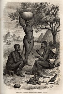 महिलाओं के प्रकार और गतिविधियाँ बोंगो (मध्य सूडान), उनके धातु के अलंकरण, घंटियाँ और स्टेपल के साथ जो उन्होंने अपने कानों और होंठों पर लगाईं, लैगुइलेर्मी द्वारा ड्राइंग के बाद उत्कीर्ण, 1868-1871 में अफ्रीका के दिल की यात्रा को दर्शाते हुए, डॉ। जॉर्ज