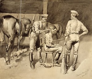 कैवेलरी स्टेबल में एक बाल कटवाने, c.1893 (कागज पर wc) द्वारा फ्रेडरिक रेमिंगटन