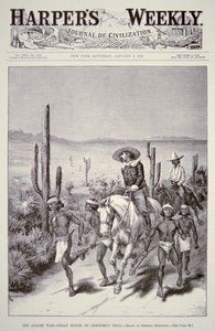 अपाचे स्काउट्स ने 9 जनवरी 1886 को 'हार्पर वीकली' से गेरोनिमो (1829-1909) का पीछा करते हुए सेना की गश्त का नेतृत्व किया (लिथो) द्वारा फ्रेडरिक रेमिंगटन