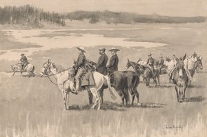 हेड-वाटर्स पर - बर्गेस फाइंडिंग ए फोर्ड, सीए। 1893. द्वारा फ्रेडरिक रेमिंगटन