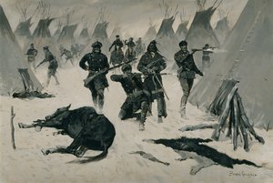 पागल घोड़े की हार (कर्नल माइल्स द्वारा पागल घोड़े की हार, जनवरी 1877, भारतीय गांव पर शीतकालीन हमला) c.1901, संभवतः c.1896 द्वारा फ्रेडरिक रेमिंगटन