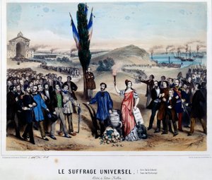अलेक्जेंड्रे अगस्टे लेड्रू-रोलिन (लेड्रू रोलिन) (1807-1874) के सार्वभौमिक मताधिकार के लिए रूपक, 1848 के राष्ट्रपति चुनाव के लिए उम्मीदवार लेडरू रोलिन, अर्ब्रे डे ला लिबर्टे के समर्थक हैं, वे सार्वभौमिक मताधिकार के पक्ष में थे, स्थापना