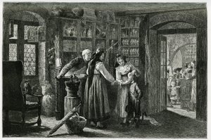 Kaysersberg (या Kaisersberg, Alsace) गाँव के फार्मासिस्ट पर, एक आपातकालीन परामर्श। 1884 में चार्ल्स ग्रैड (1842-1890), जर्मन प्रतिनियुक्त, लेखक और प्रकृतिवादी द्वारा "थ्रू अलसैस एंड लोरेन" कहानी को चित्रित करने के लिए F.Lix द्वारा उत्कीर्णन। पब द्वारा फ्रेडरिक थियोडोर लिक्स
