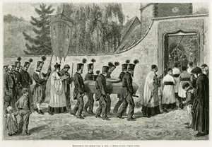 नाबालिग का अंतिम संस्कार। 1887 में चार्ल्स ग्रैड, जर्मन प्रतिनियुक्त चार्ल्स ग्रैड द्वारा, एडौर्ड चार्टन (1807-1890), हैचेट, पेरिस द्वारा निर्देशित टूर डू मोंडे में कहानी को चित्रित करने के लिए लिक्स द्वारा उत्कीर्णन, ए थ्रू अलसैस और लोरेन। द्वारा फ्रेडरिक थियोडोर लिक्स
