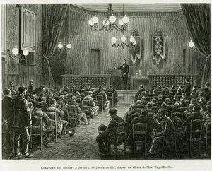 डोर्नच में डॉलफस मिग कार्यशालाओं के कार्यकर्ताओं के लिए सम्मेलन। 1885 में चार्ल्स ग्रैड, जर्मन प्रतिनियुक्त द्वारा कहानी ए थ्रू अलसैस और लोरेन की कहानी को चित्रित करने के लिए लिक्स द्वारा उत्कीर्णन, एडौर्ड चार्टन (1807-1890), हैचे द्वारा निर्देशित टूर डू म द्वारा फ्रेडरिक थियोडोर लिक्स