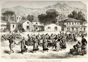 गांव चौक हागिया अन्ना (सेंट ऐनी) में लोक नृत्य। 1861-1868-1874 में हेनरी बेले द्वारा ग्रीस में यात्रा को चित्रित करने के लिए, लिक्स के चित्र के बाद उत्कीर्णन, "ले टूर डू मोंडे" "" 1876 में प्रकाशित, एडौर्ड चार्टन द्वारा संपादित, हैचेट स द्वारा फ्रेडरिक थियोडोर लिक्स