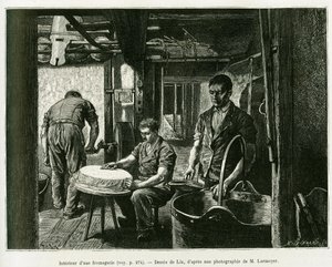 एक पनीर फैक्ट्री के अंदर। एडौर्ड चार्टन (1807-1890), हैचेट, पेरिस के निर्देशन में, 1885 में चार्ल्स ग्रैड, जर्मन प्रतिनियुक्त द्वारा, ए थ्रू अलसैस और लोरेन की कहानी को चित्रित करने के लिए, लिक्स द्वारा उत्कीर्णन।