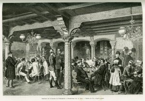 स्ट्रासबर्ग में टिफ़ेंकेलर मधुशाला का आंतरिक भाग। 1887 में, चार्ल्स ग्रैड, जर्मन प्रतिनियुक्त चार्ल्स ग्रैड द्वारा, एडौर्ड चार्टन (1807-1890), हैचेट, पेरिस द्वारा निर्देशित टूर डू मोंडे 1888 में कहानी को चित्रित करने के लिए लिक्स द्वारा उत्कीर्णन, ए थ्रू अ द्वारा फ्रेडरिक थियोडोर लिक्स