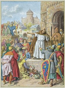 पियरे एल'एर्माइट ने 1095 में क्लरमोंट की परिषद में लोगों और शूरवीरों (उत्कीर्णन) के सामने धर्मयुद्ध की प्रशंसा की द्वारा फ्रेडरिक थियोडोर लिक्स