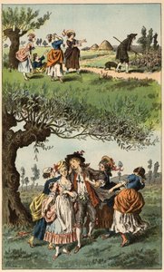 लोकप्रिय गीत: "हम तीन लड़कियां थीं""। फ़्रेडरिक थियोडोर लिक्स (1830-1897) द्वारा "" चैनसन्स एट राउंड्स एनफ़ैंटाइन्स डेस प्रोविंस डे ला फ़्रांस" में चित्रण द्वारा फ्रेडरिक थियोडोर लिक्स