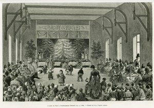 डिट्सच प्रतिष्ठान में क्रिसमस ट्री। 1887 में चार्ल्स ग्रैड, जर्मन प्रतिनियुक्त चार्ल्स ग्रैड द्वारा, एडौर्ड चार्टन (1807-1890), हैचेट, पेरिस द्वारा निर्देशित टूर डू मोंडे में कहानी को चित्रित करने के लिए लिक्स द्वारा उत्कीर्णन, ए थ्रू अलसैस और लोरेन। द्वारा फ्रेडरिक थियोडोर लिक्स