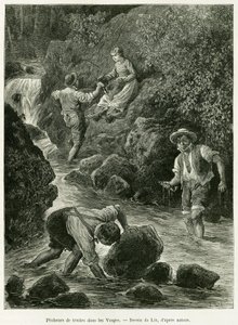 वोसगेस में ट्राउट मछुआरे। एडौर्ड चार्टन (1807-1890), हैचेट, पेरिस के निर्देशन में, 1885 में चार्ल्स ग्रैड, जर्मन प्रतिनियुक्त द्वारा, ए थ्रू अलसैस और लोरेन की कहानी को चित्रित करने के लिए, लिक्स द्वारा उत्कीर्णन।